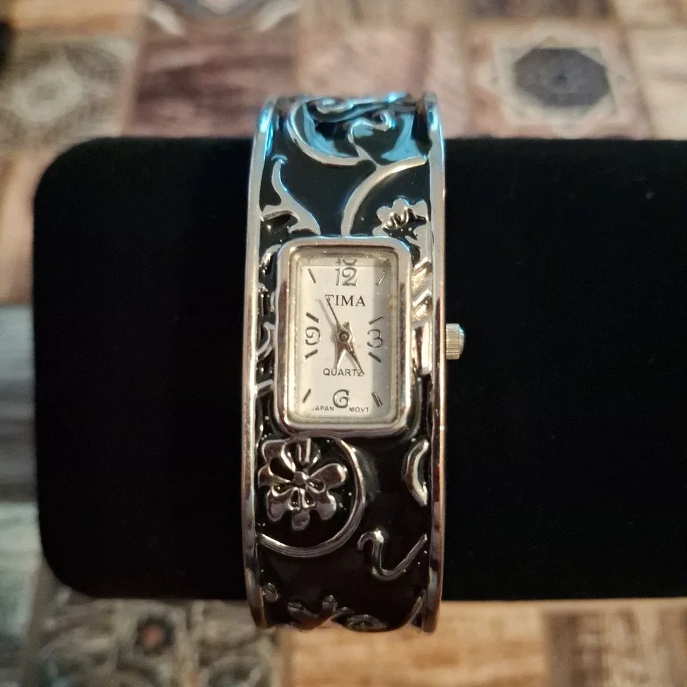 Womens Tima Hinged Black Enamel With Silver Floral Cuff Watch. New Batteries.